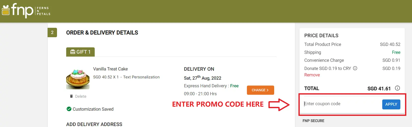 how to use ferns n petals promo code singapore
