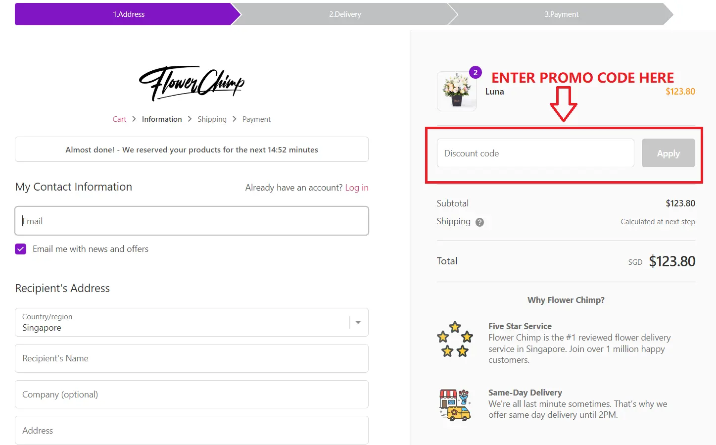 how to use flower chimp discount code singapore